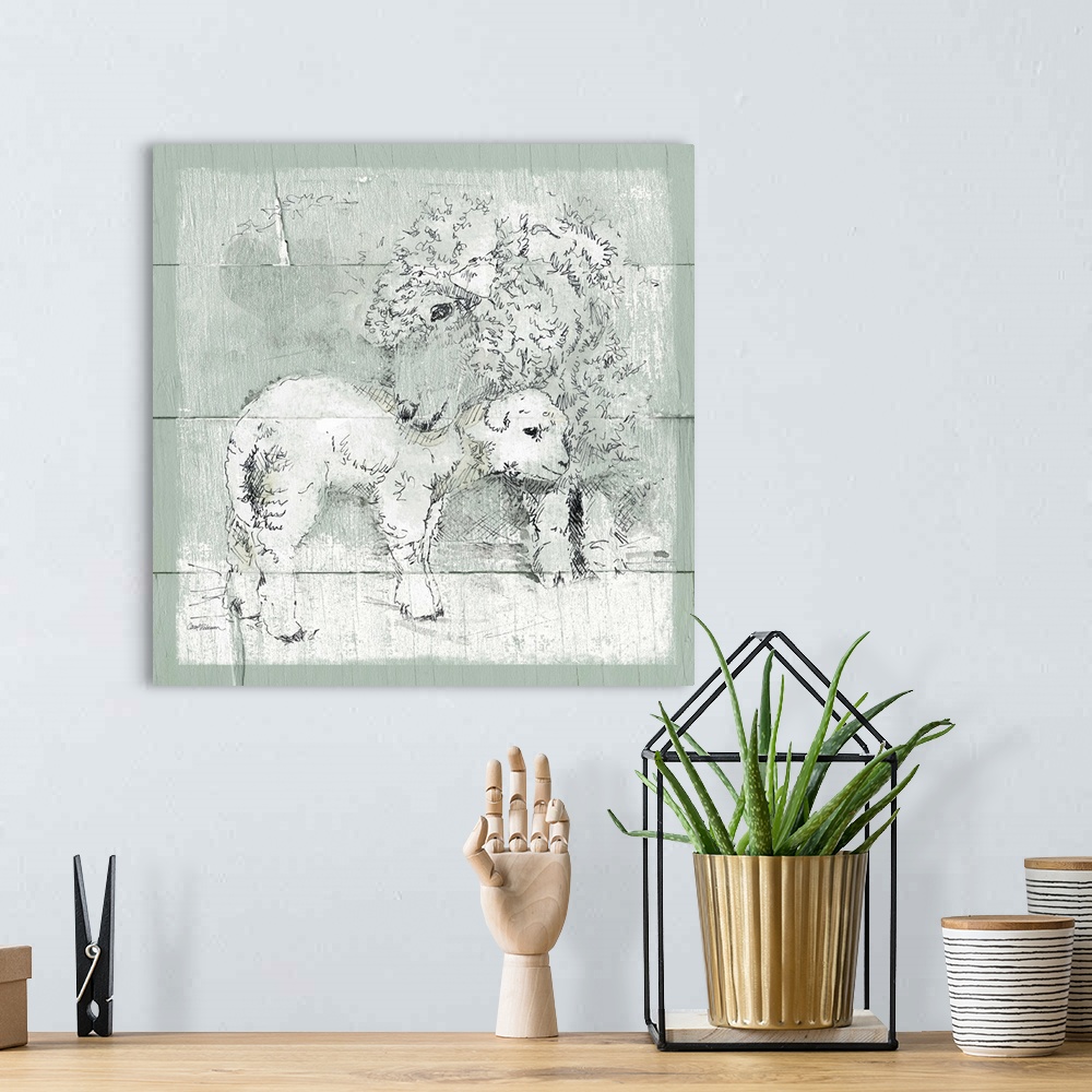 A bohemian room featuring Drawing of a sheep and her lamb on a green wooden background.