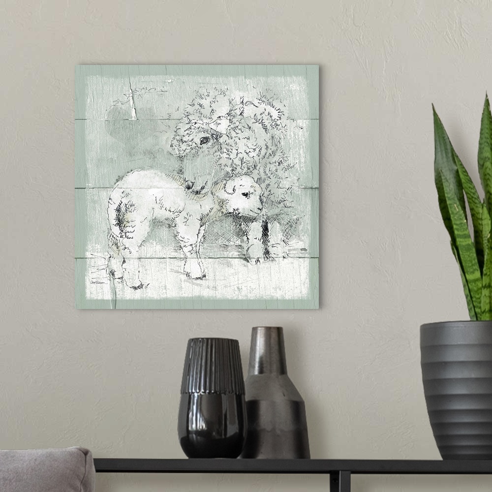 A modern room featuring Drawing of a sheep and her lamb on a green wooden background.