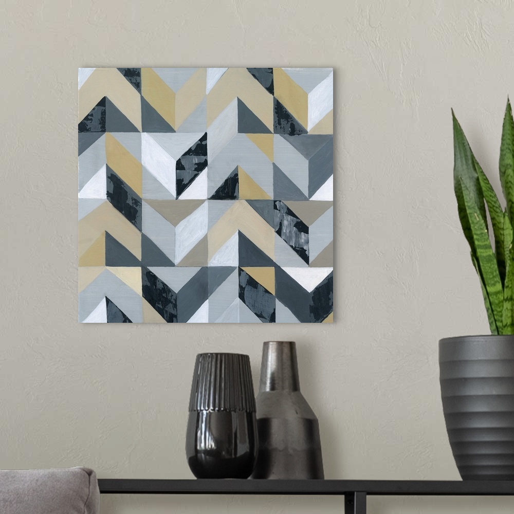 A modern room featuring Geometric abstract art with shapes coming together to make a zig-zag pattern in shades of gray, b...