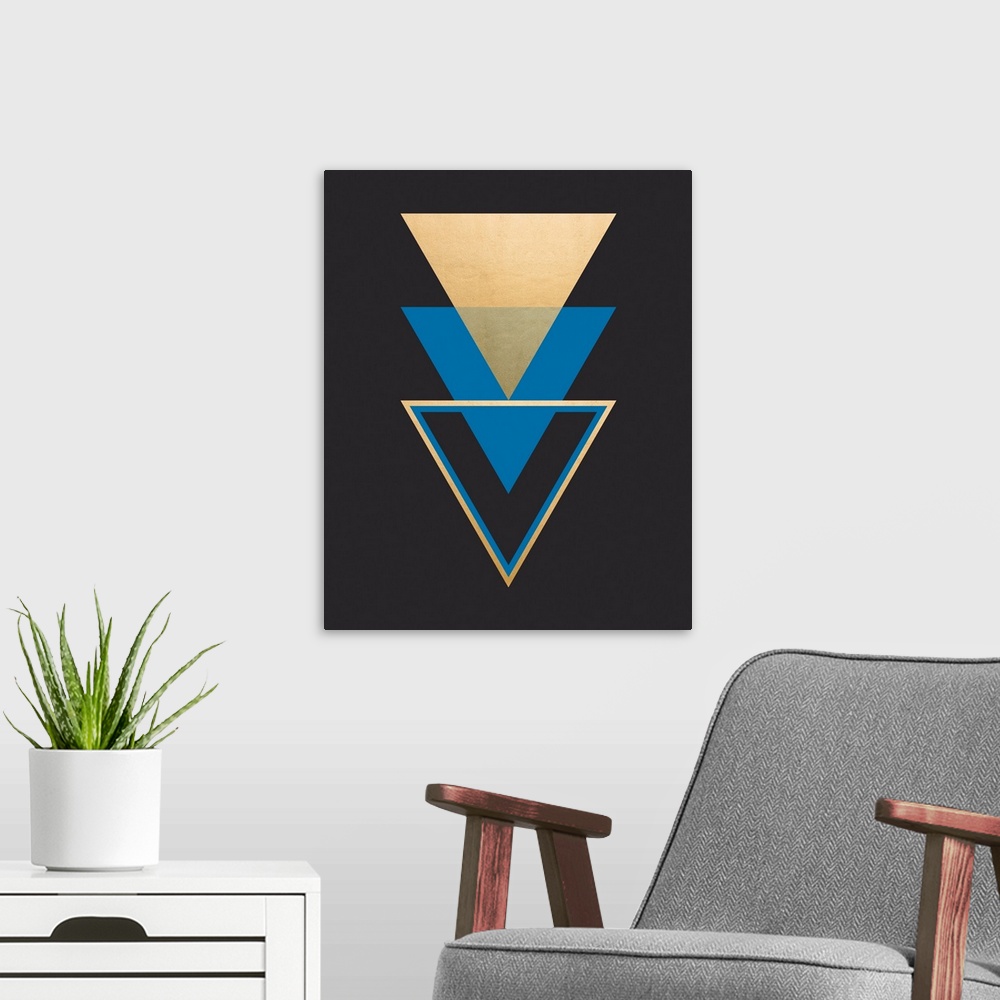 A modern room featuring A vertical geometric design of a trio of triangles in blue and gold on a black background.