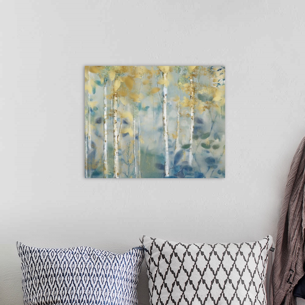 A bohemian room featuring Abstract painting of a forest filled with gold and blue toned leaves.