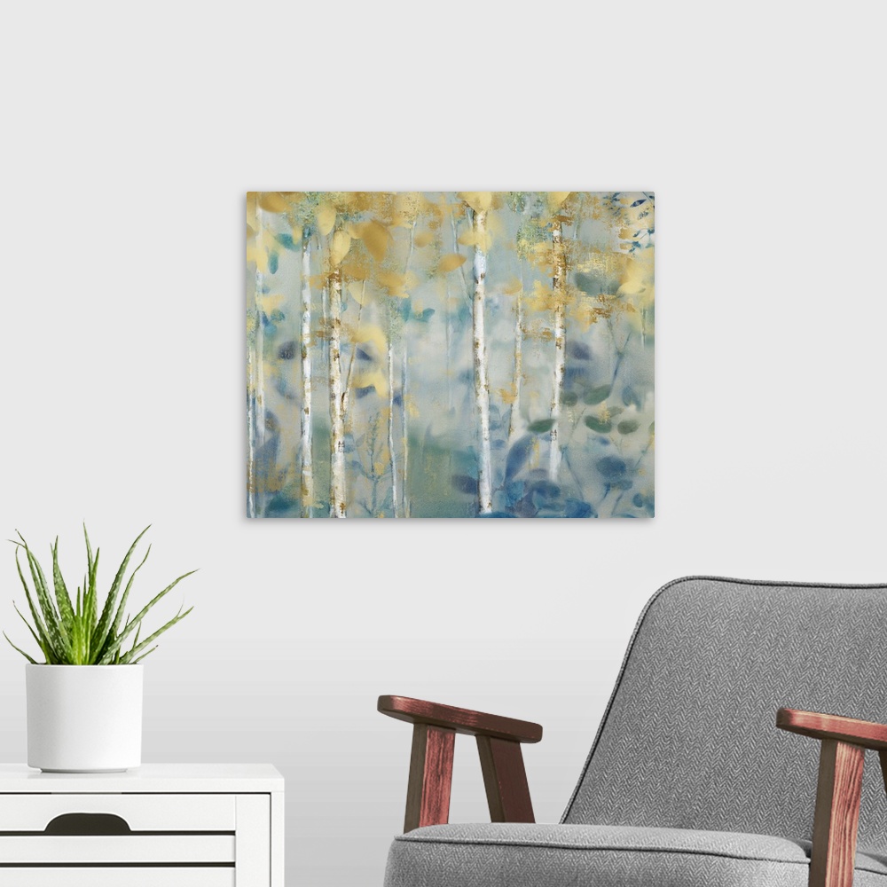 A modern room featuring Abstract painting of a forest filled with gold and blue toned leaves.