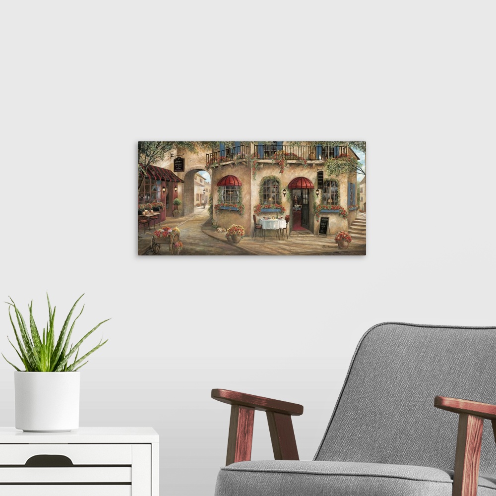 A modern room featuring A contemporary artwork of an European street scene decorated in flowers with a pizzeria.