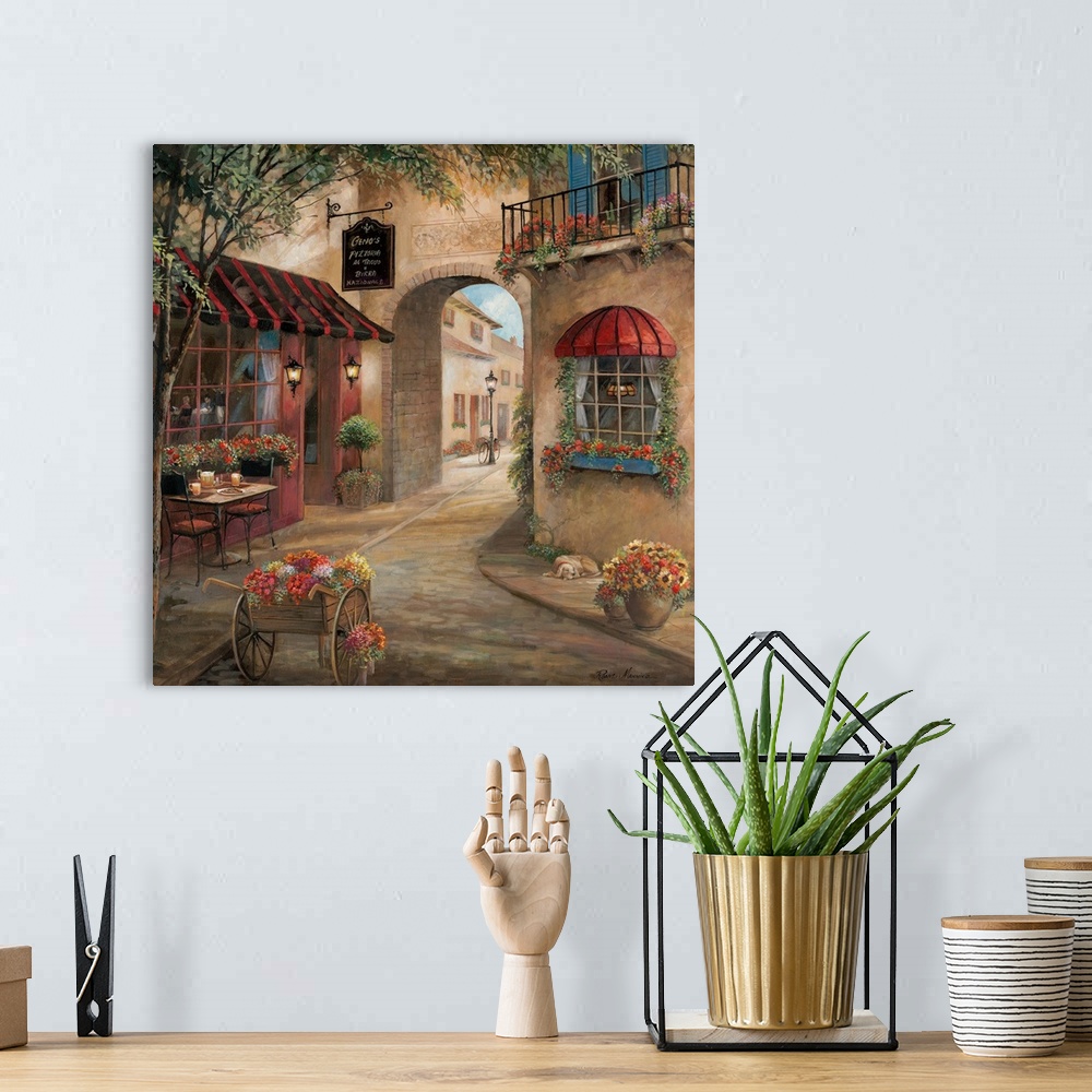 A bohemian room featuring A contemporary artwork of an European street scene decorated in flowers with a pizzeria.