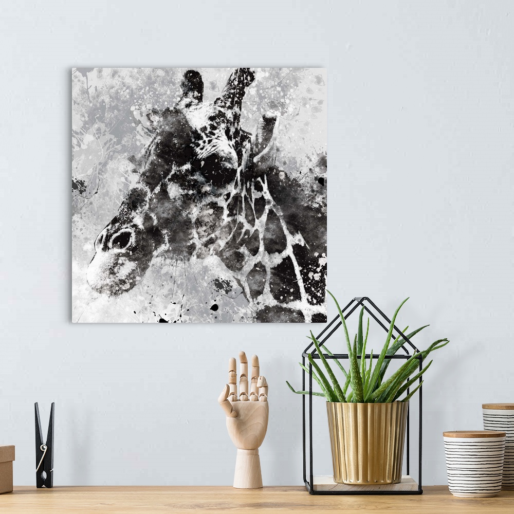 A bohemian room featuring Contemporary artwork of a giraffe against a textured looking background with an overall grungy an...