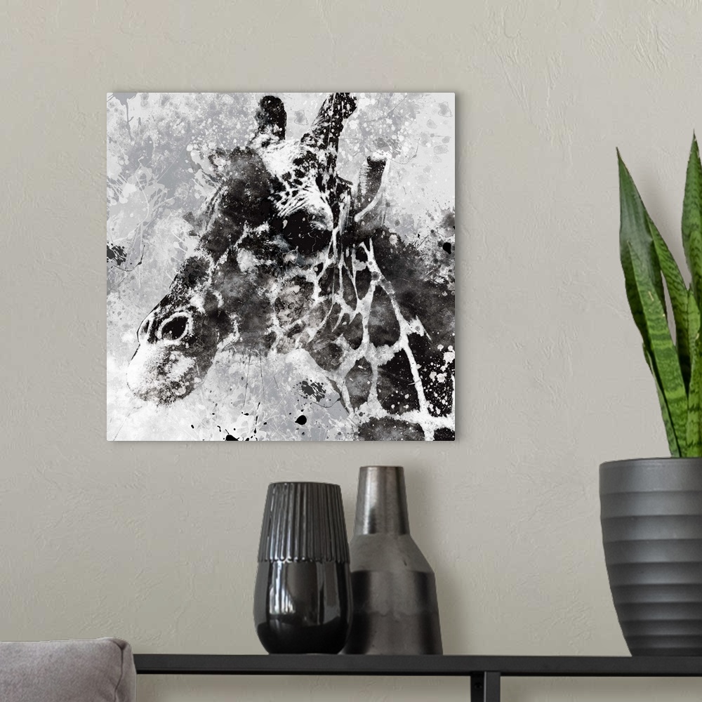 A modern room featuring Contemporary artwork of a giraffe against a textured looking background with an overall grungy an...