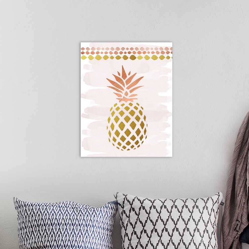 A bohemian room featuring Tropical decor with a metallic gold and rose gold pineapple on a pale pink and white background.