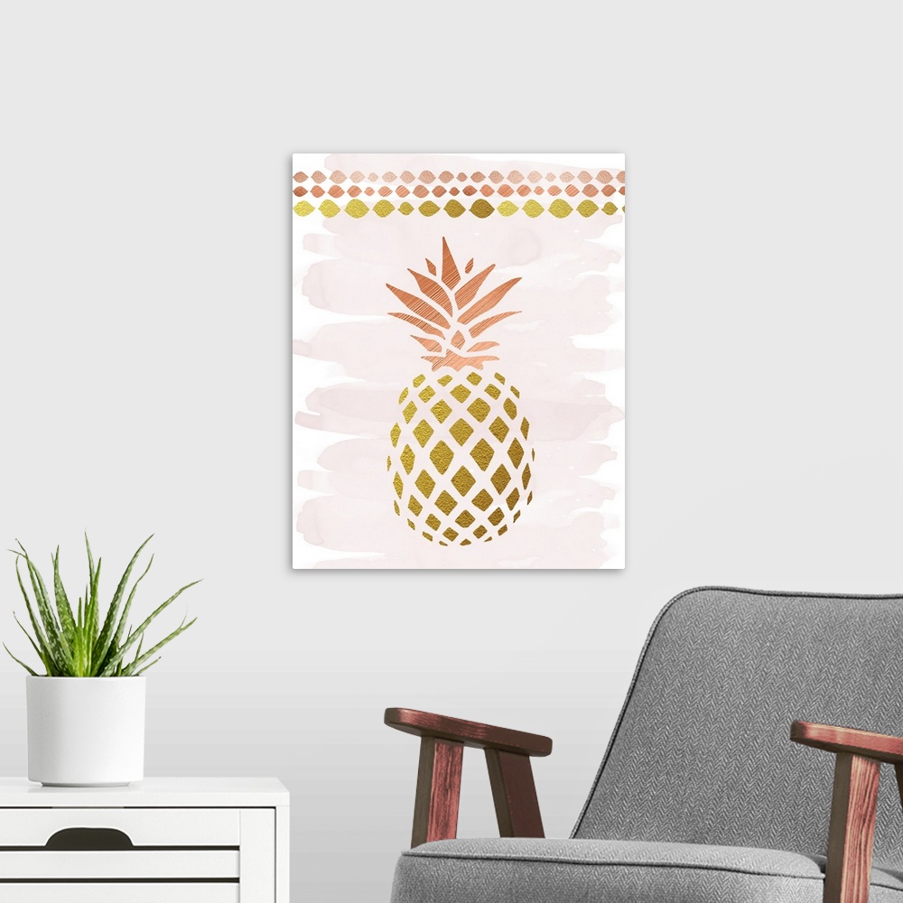 A modern room featuring Tropical decor with a metallic gold and rose gold pineapple on a pale pink and white background.