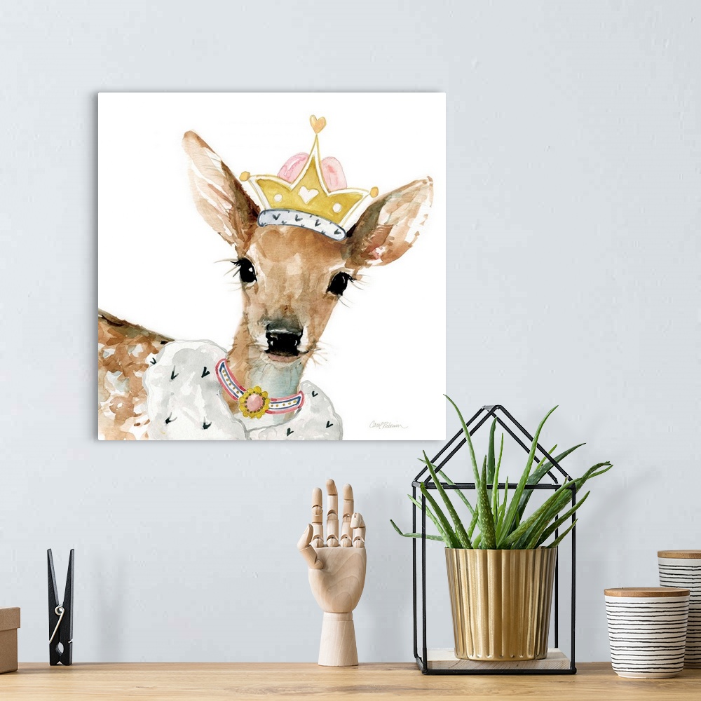 A bohemian room featuring Cute watercolor painting of a fawn wearing a princess crown and jewels on a solid white, square b...