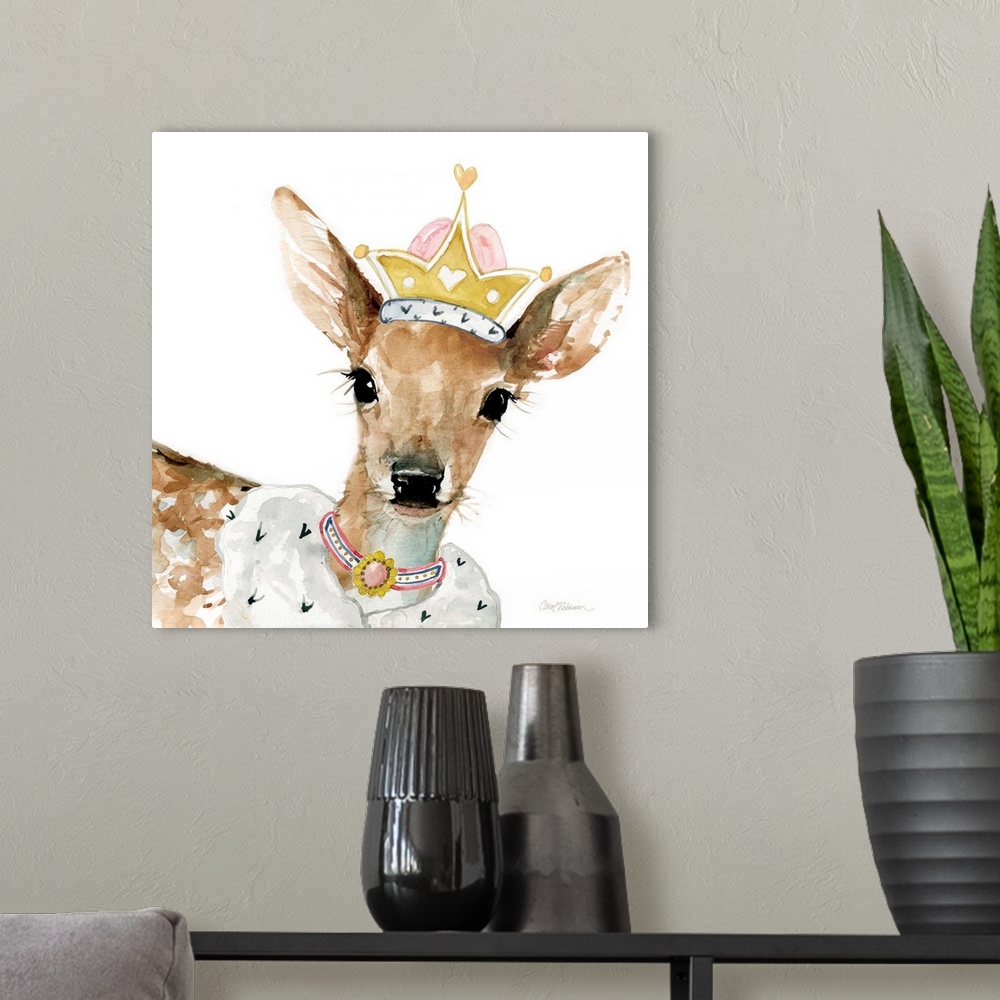 A modern room featuring Cute watercolor painting of a fawn wearing a princess crown and jewels on a solid white, square b...