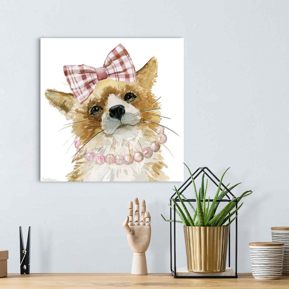 A bohemian room featuring Cute watercolor painting of a young fox wearing a pink and white plaid bow and pink pearls on a s...