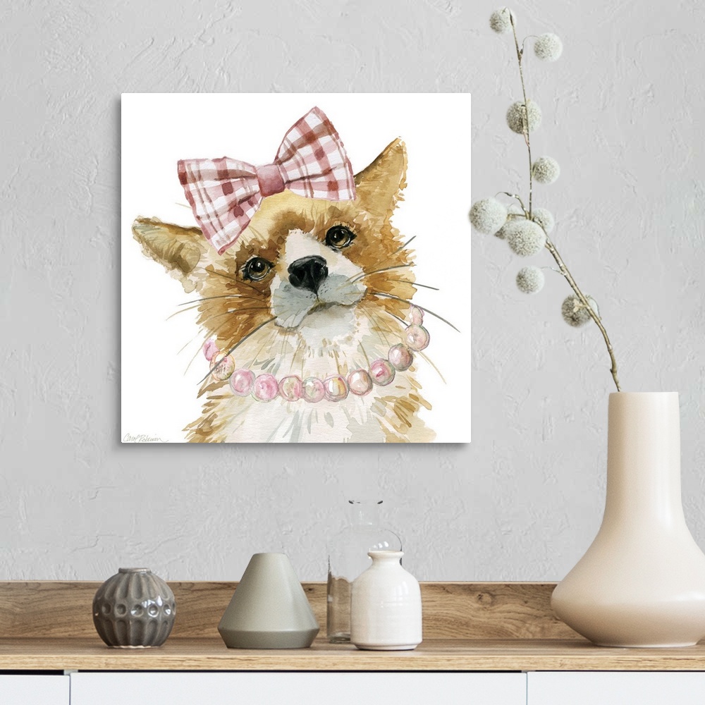 A farmhouse room featuring Cute watercolor painting of a young fox wearing a pink and white plaid bow and pink pearls on a s...