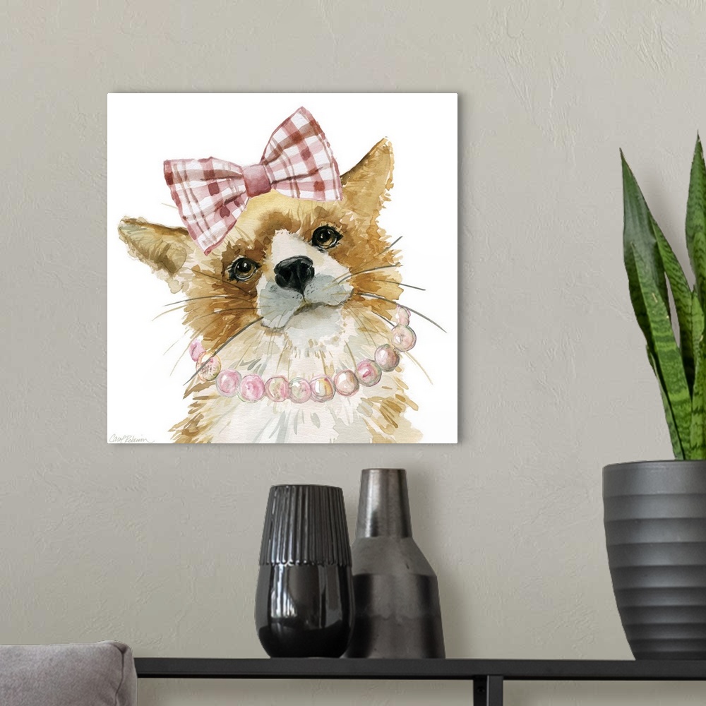 A modern room featuring Cute watercolor painting of a young fox wearing a pink and white plaid bow and pink pearls on a s...