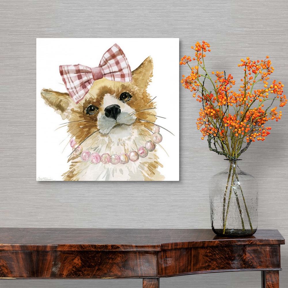 A traditional room featuring Cute watercolor painting of a young fox wearing a pink and white plaid bow and pink pearls on a s...