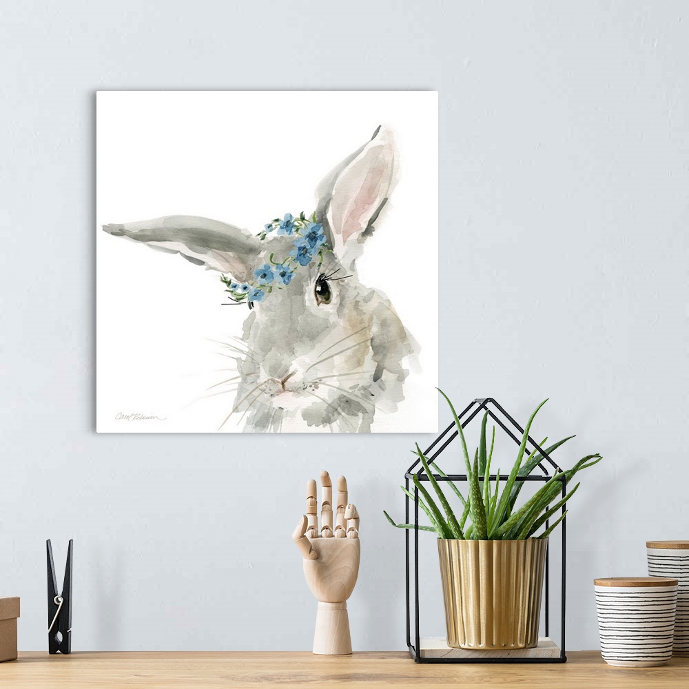 A bohemian room featuring Cute watercolor painting of a gray rabbit wearing a blue flower crown on a solid white, square ba...