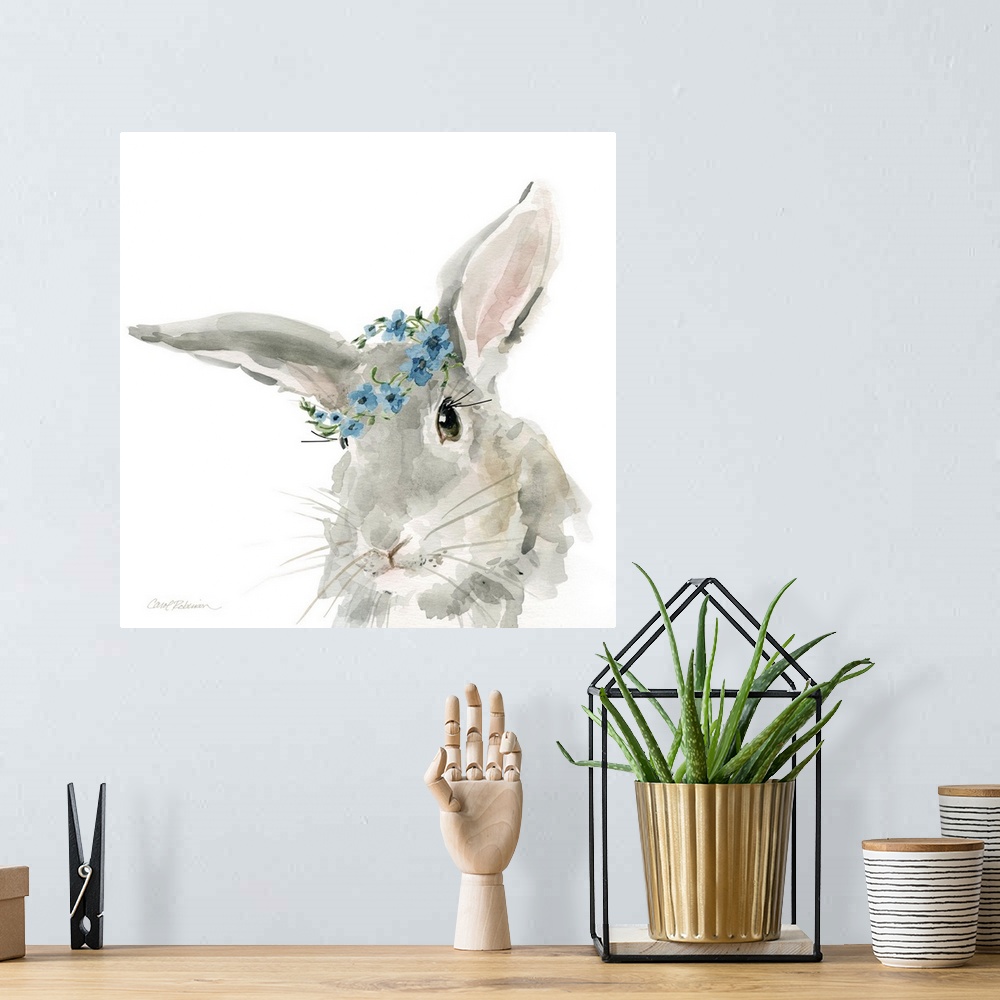A bohemian room featuring Cute watercolor painting of a gray rabbit wearing a blue flower crown on a solid white, square ba...
