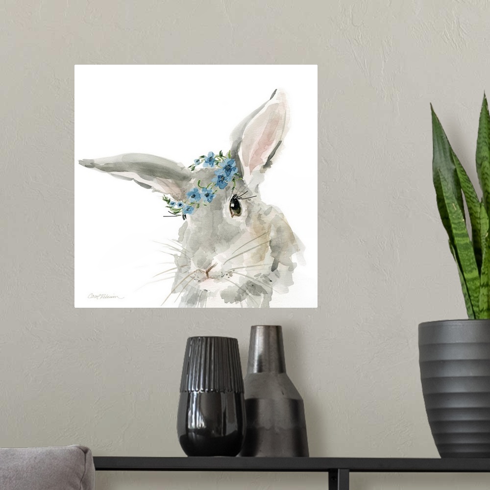 A modern room featuring Cute watercolor painting of a gray rabbit wearing a blue flower crown on a solid white, square ba...