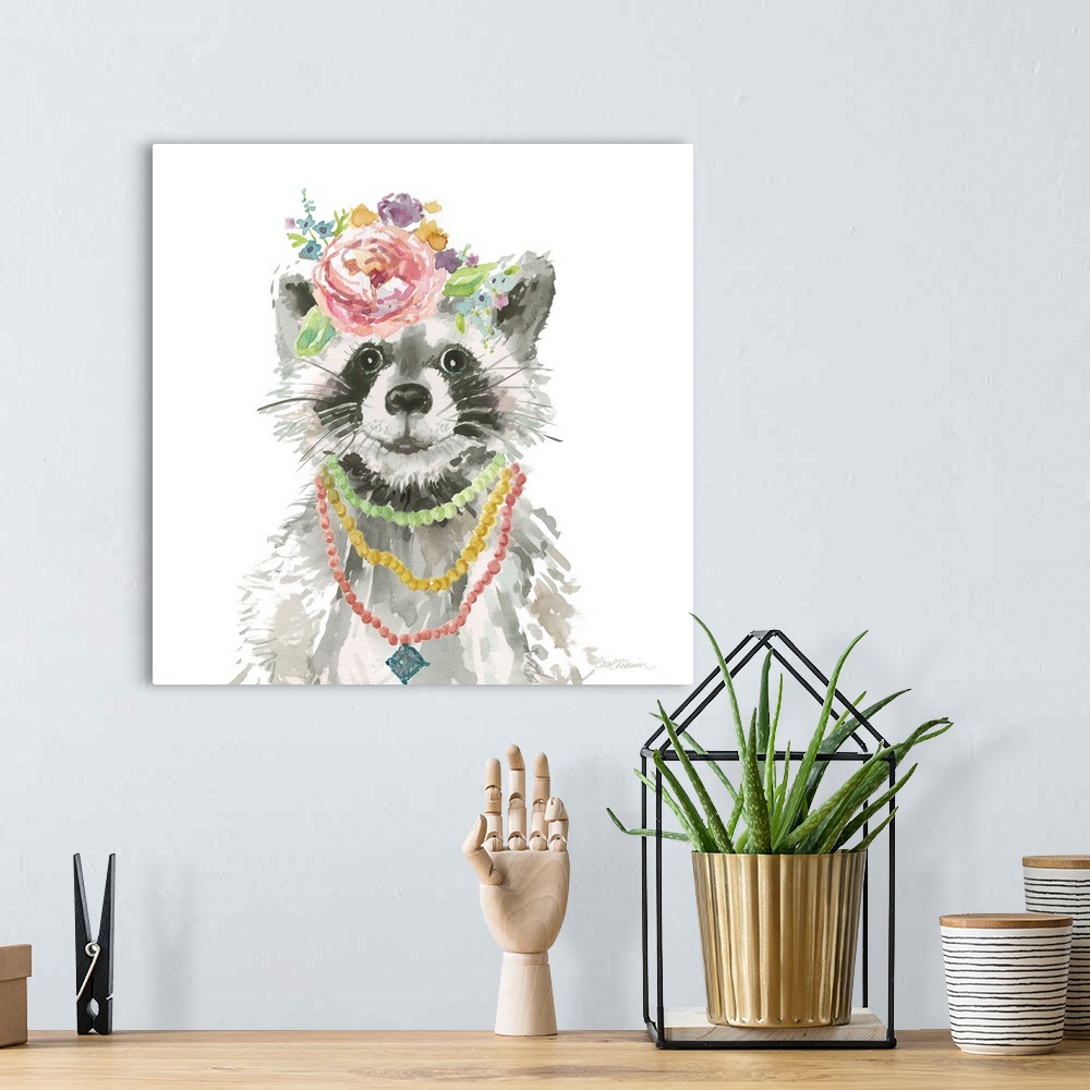 A bohemian room featuring Cute watercolor painting of a young raccoon wearing colorful necklaces and flowers on its head, o...