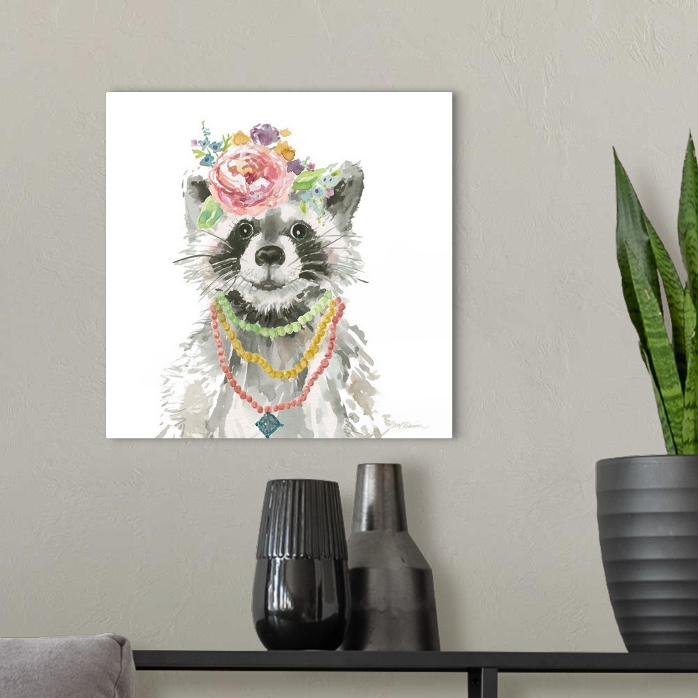 A modern room featuring Cute watercolor painting of a young raccoon wearing colorful necklaces and flowers on its head, o...