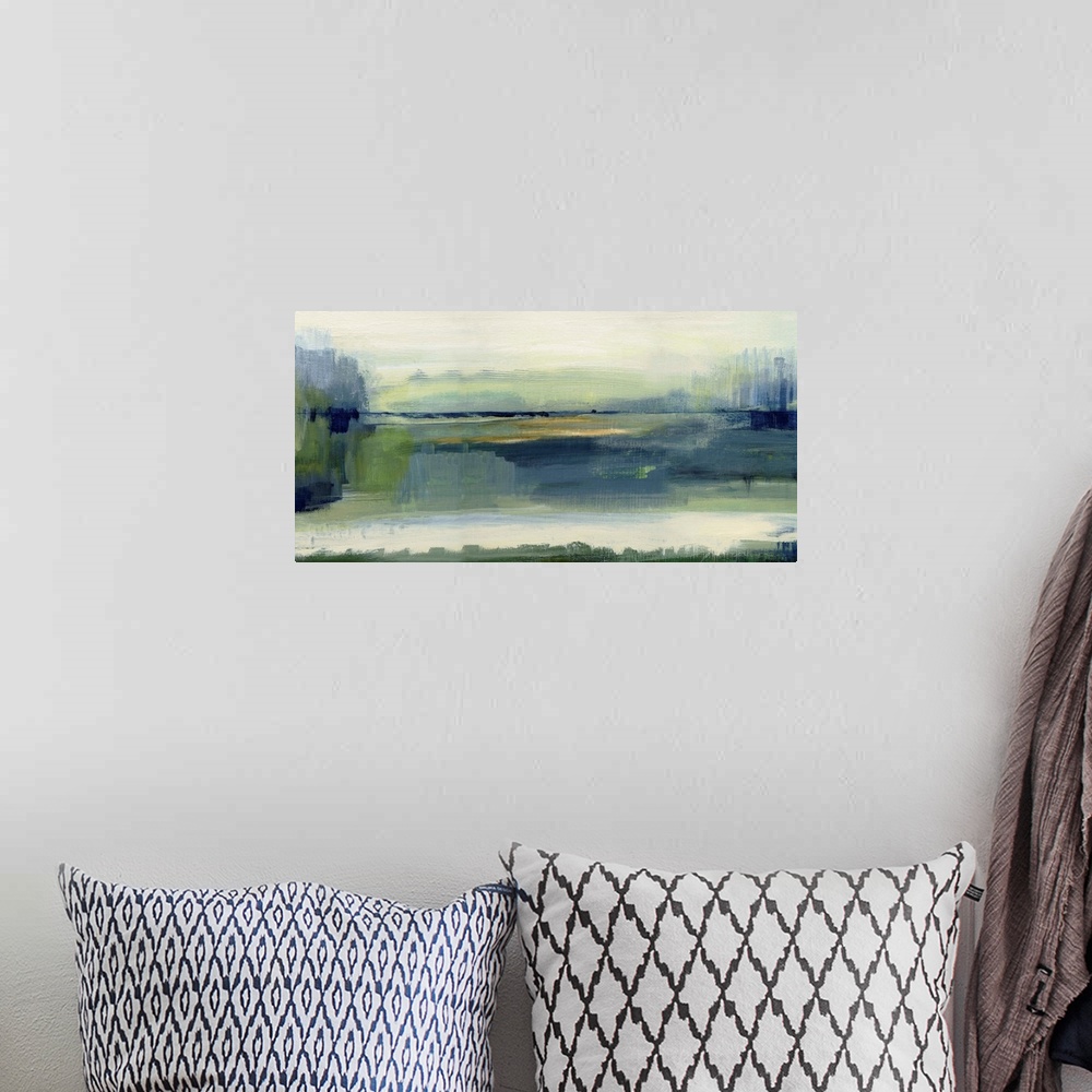 A bohemian room featuring Large contemporary painting of an abstract meadow landscape in shades of blue and green with hint...