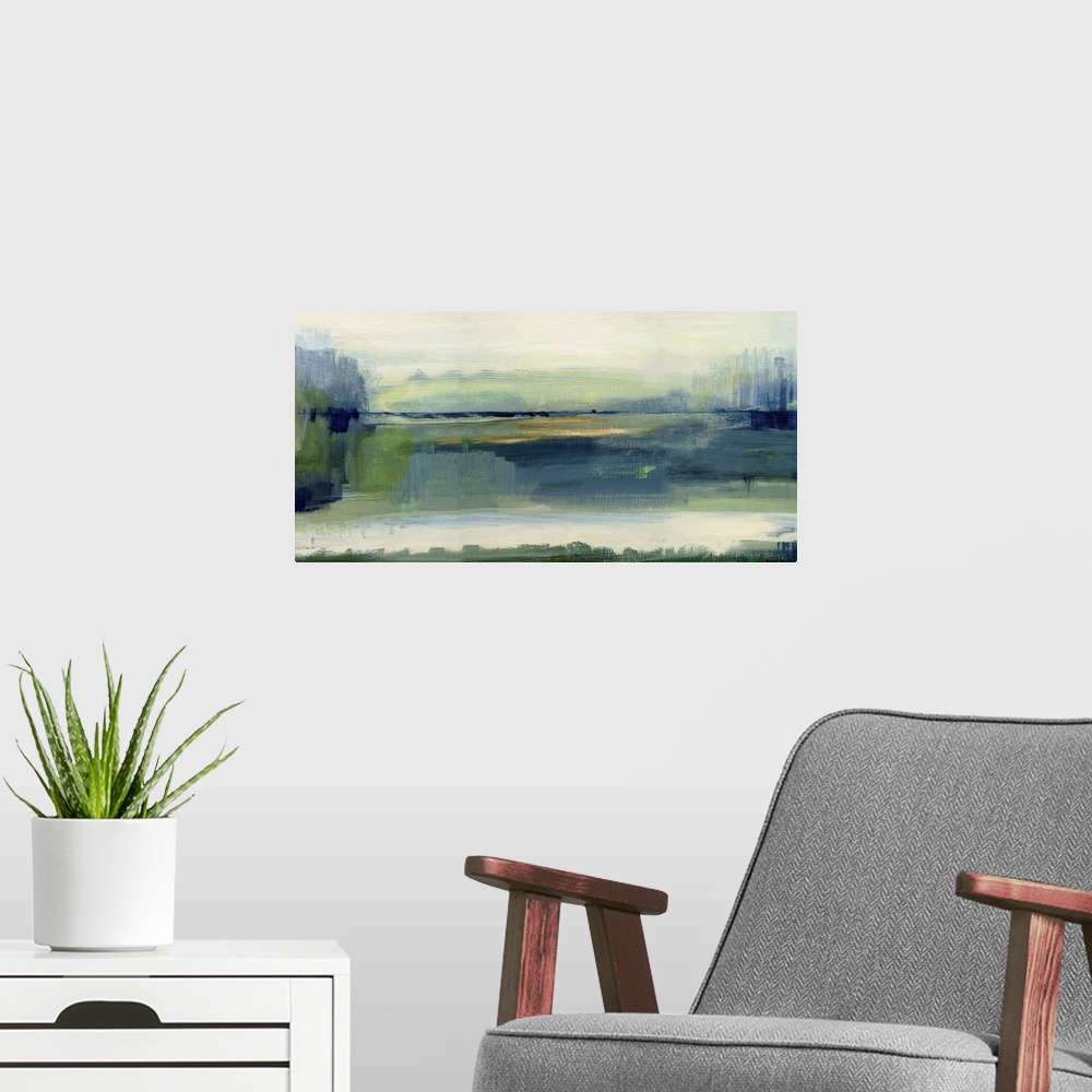 A modern room featuring Large contemporary painting of an abstract meadow landscape in shades of blue and green with hint...