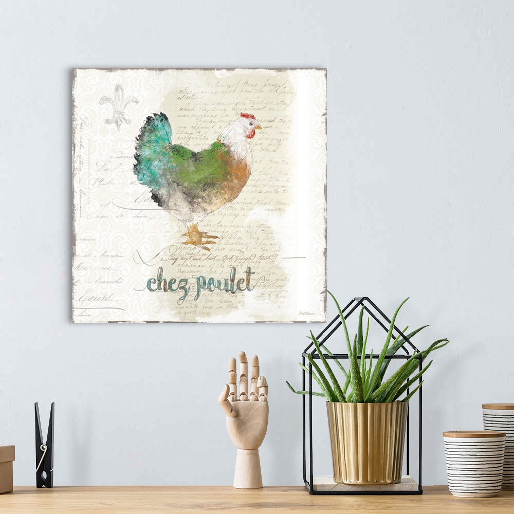A bohemian room featuring A decorative painting of a colorful chicken with a background that is beige with white deigns and...