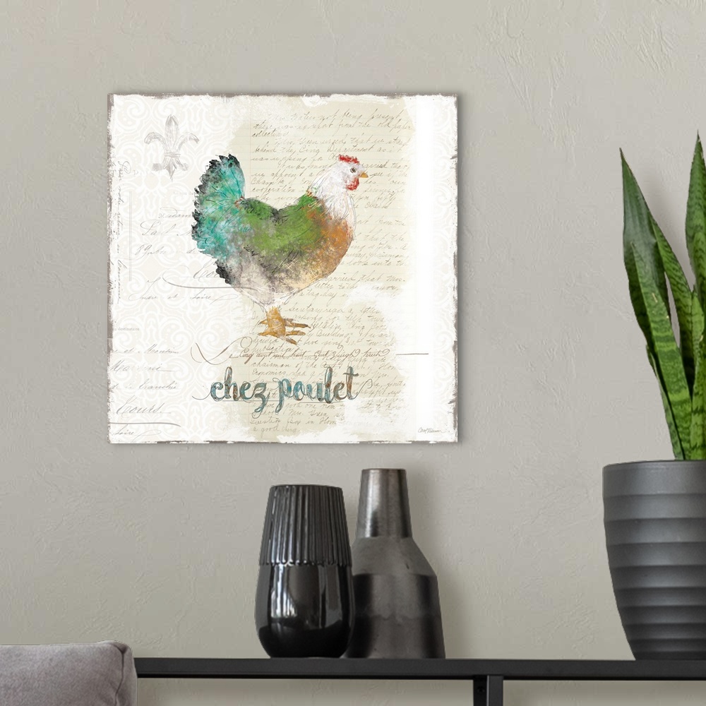 A modern room featuring A decorative painting of a colorful chicken with a background that is beige with white deigns and...