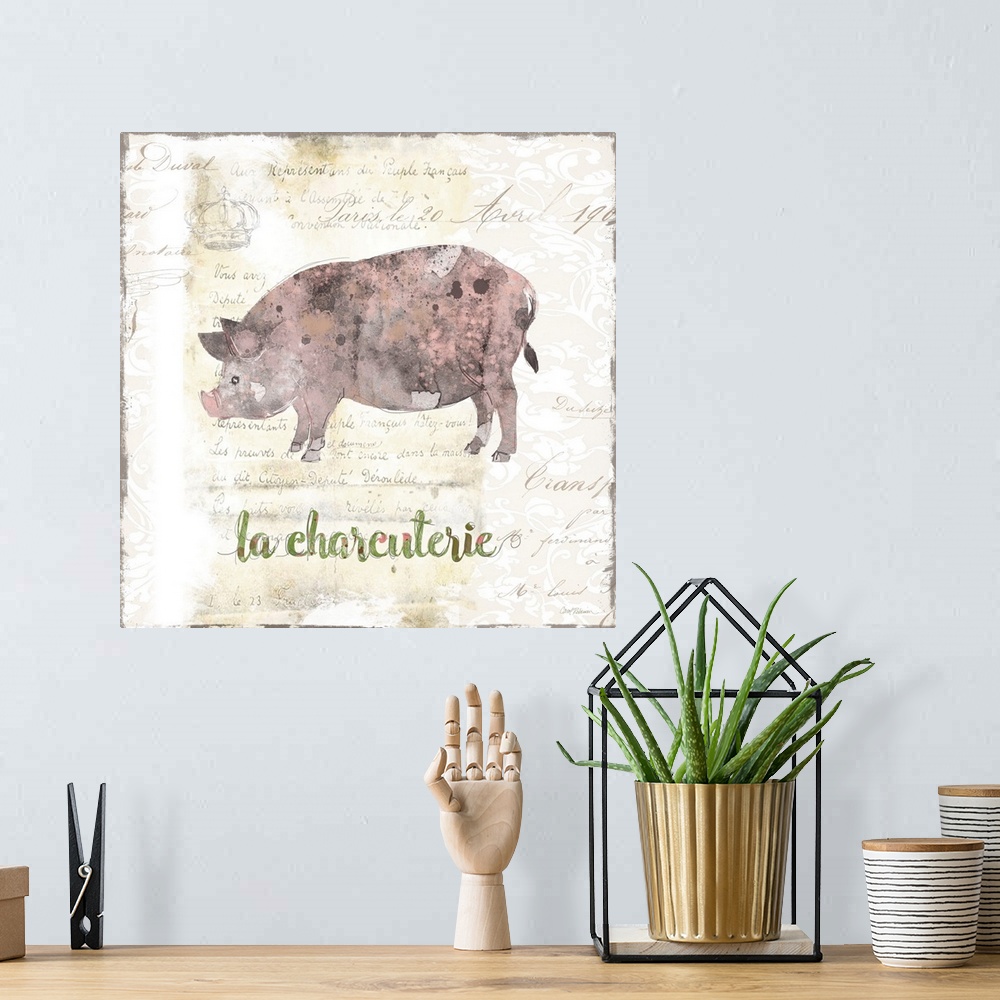 A bohemian room featuring A decorative painting of pink, black, and grey pig with a background that is beige with white dei...