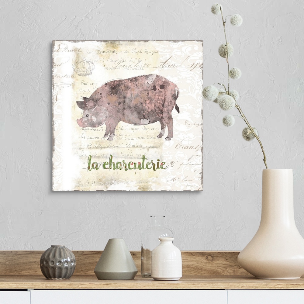 A farmhouse room featuring A decorative painting of pink, black, and grey pig with a background that is beige with white dei...