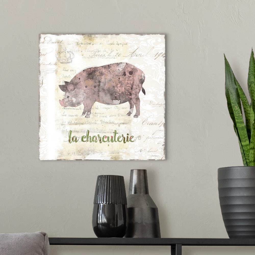 A modern room featuring A decorative painting of pink, black, and grey pig with a background that is beige with white dei...