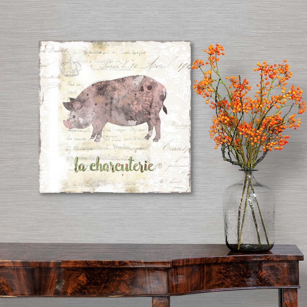 A traditional room featuring A decorative painting of pink, black, and grey pig with a background that is beige with white dei...