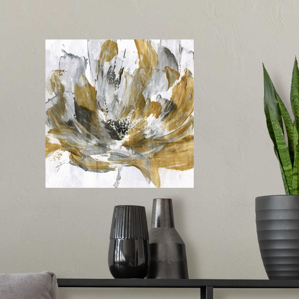 A modern room featuring Square abstract painting of a gold and silver flower.