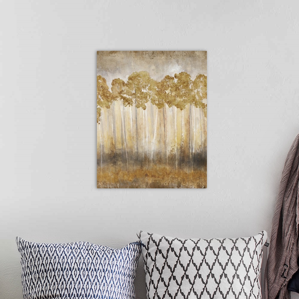 A bohemian room featuring Contemporary painting of a row of slender trees with golden leaves.