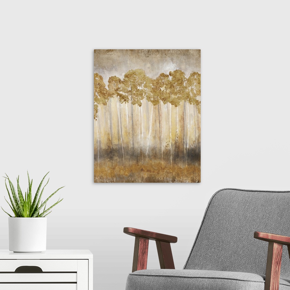 A modern room featuring Contemporary painting of a row of slender trees with golden leaves.