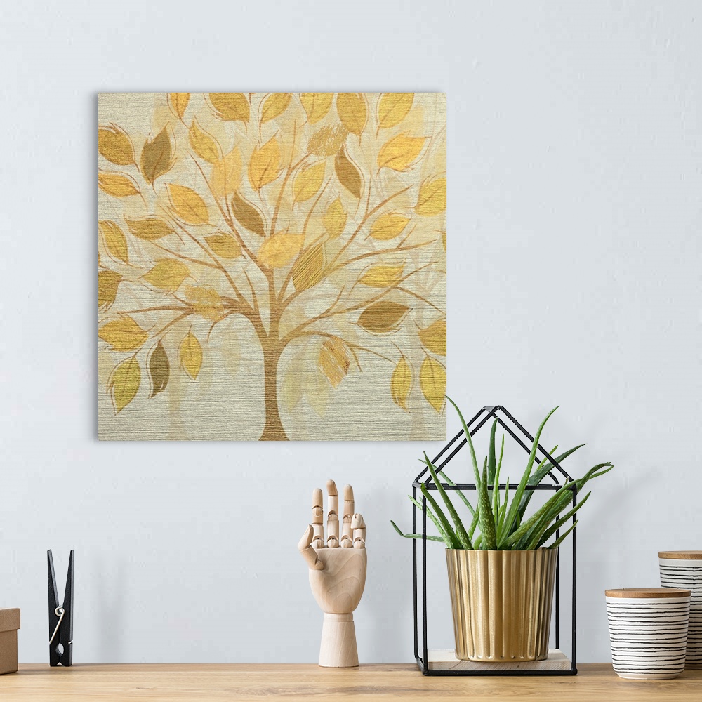 A bohemian room featuring Square illustration of a metallic gold tree with large leaves on a silver textured background mad...