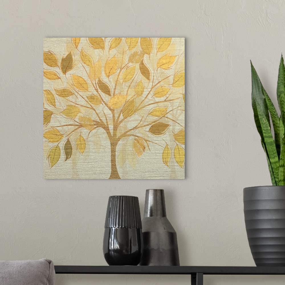 A modern room featuring Square illustration of a metallic gold tree with large leaves on a silver textured background mad...