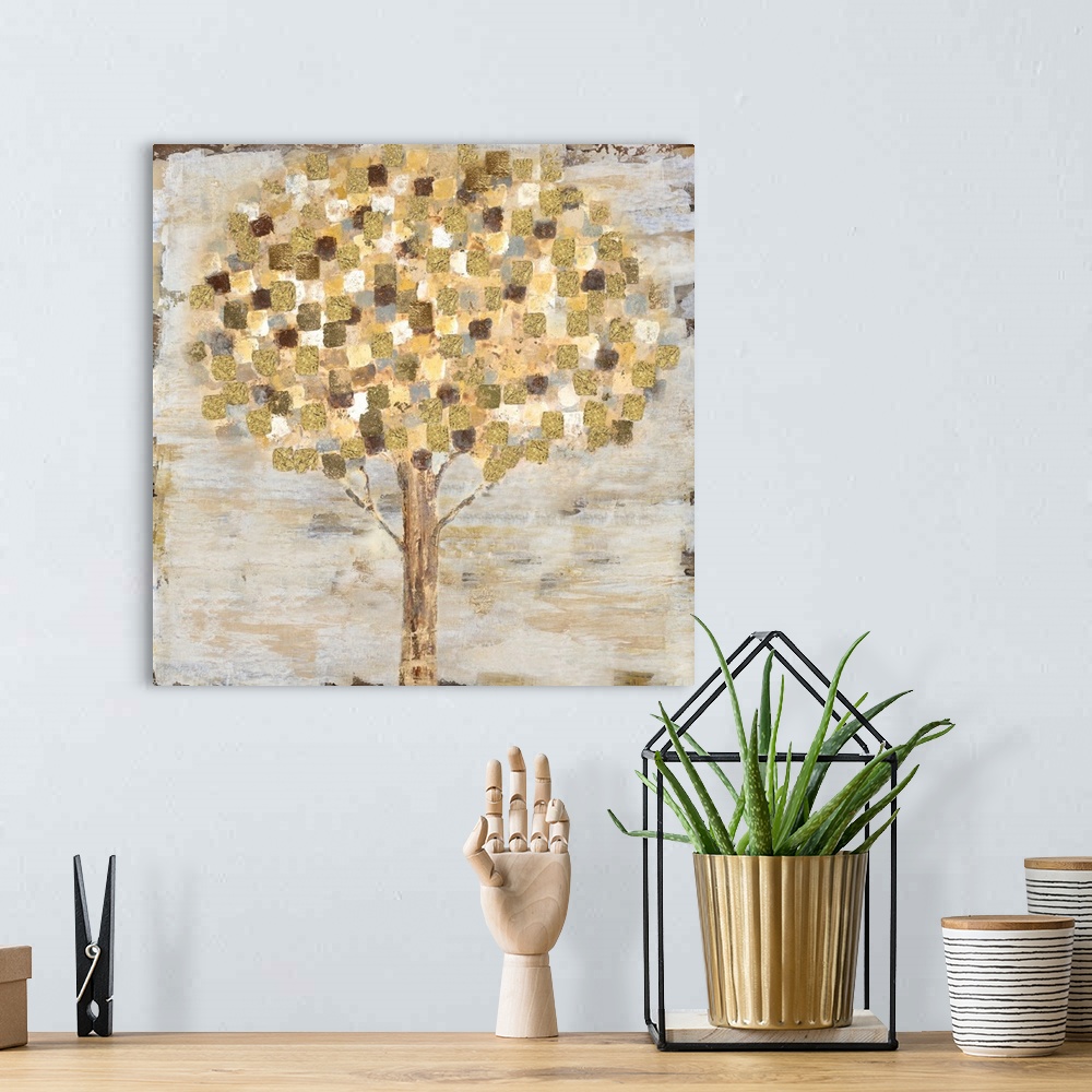 A bohemian room featuring Contemporary painting of a stylized tree with gold and white leaves on a weathered background.