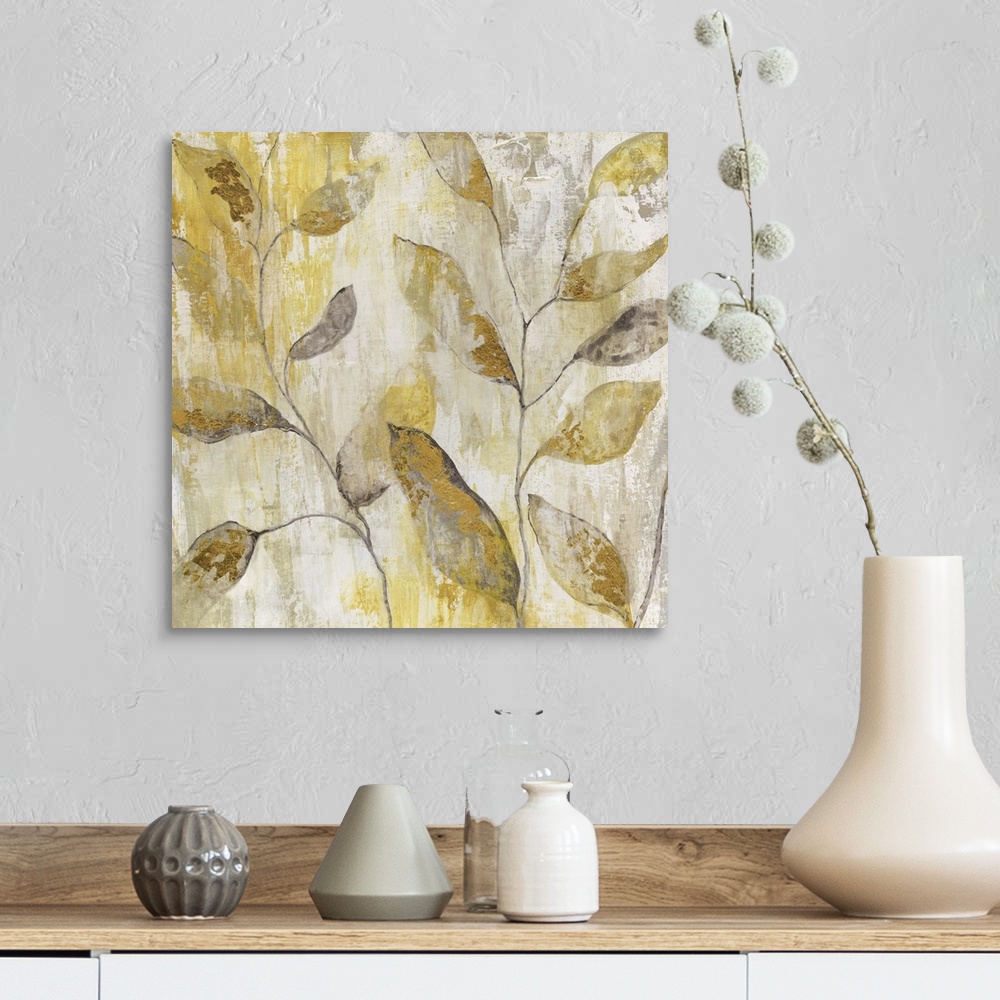 A farmhouse room featuring Semi-abstract contemporary art print of golden leaves.