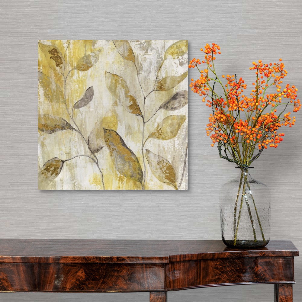 A traditional room featuring Semi-abstract contemporary art print of golden leaves.