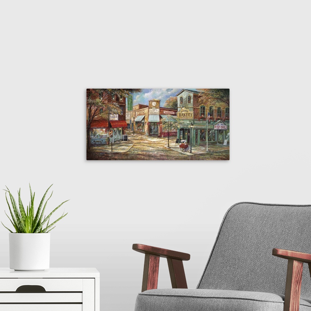 A modern room featuring Large contemporary painting of storefronts in an American town.