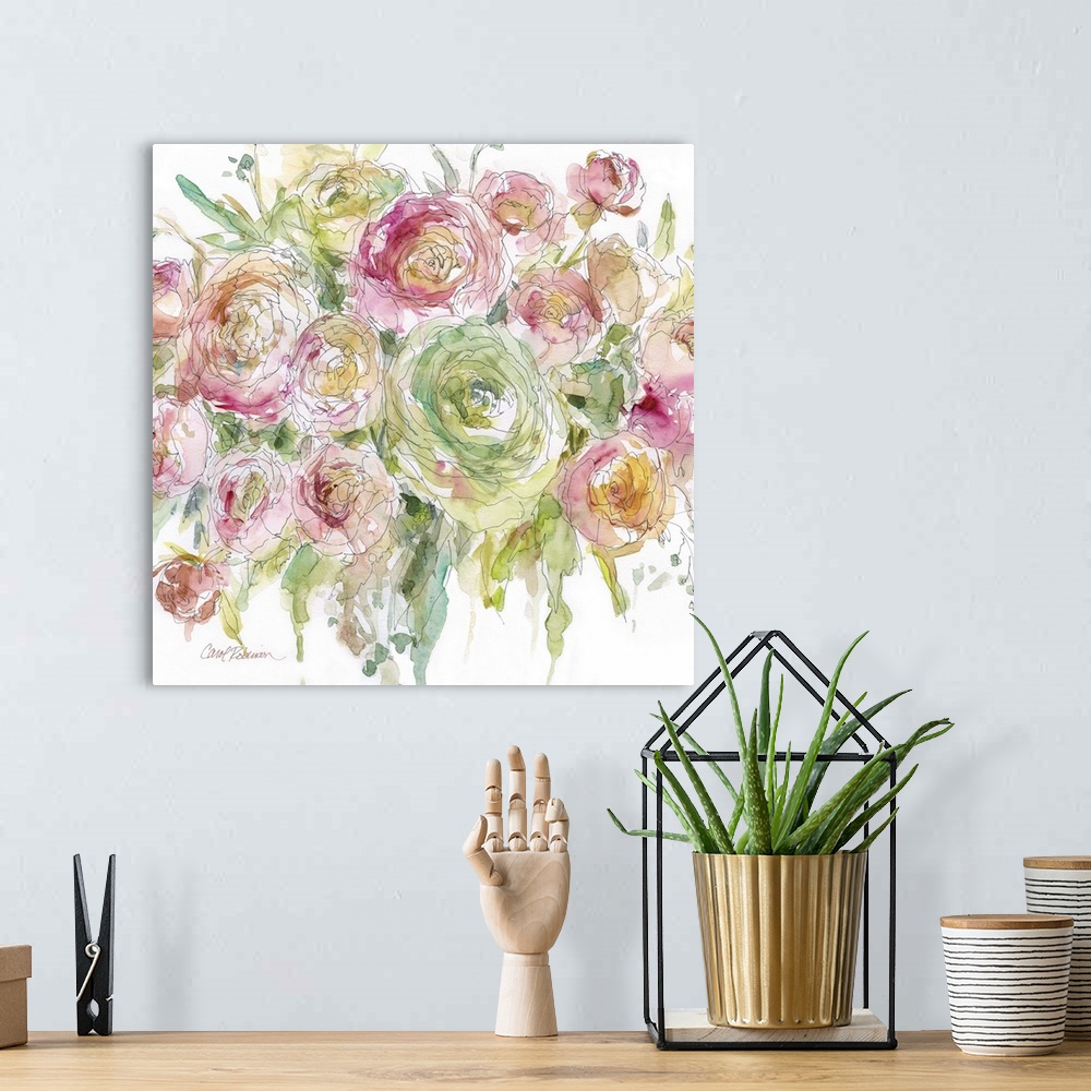 A bohemian room featuring A watercolor painting of a bouquet of flowers.