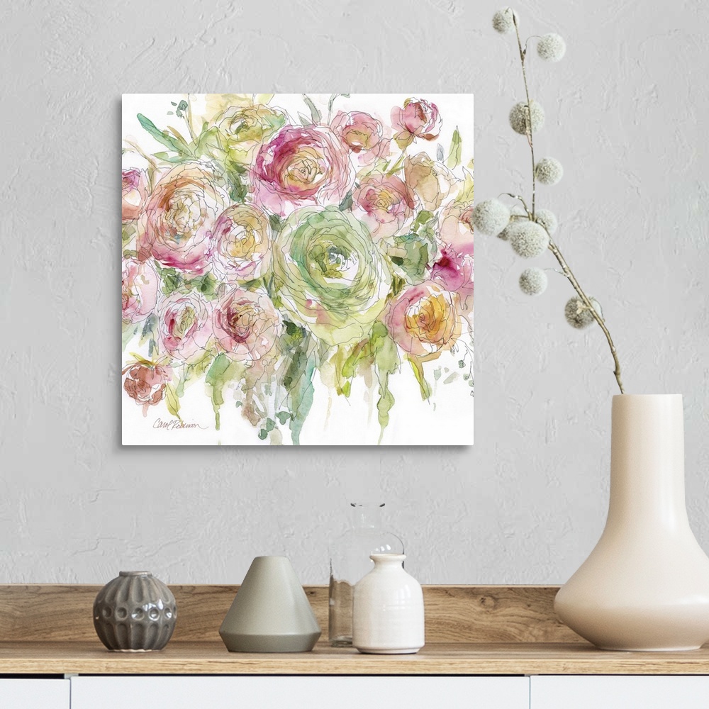 A farmhouse room featuring A watercolor painting of a bouquet of flowers.