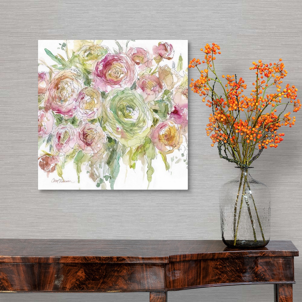A traditional room featuring A watercolor painting of a bouquet of flowers.