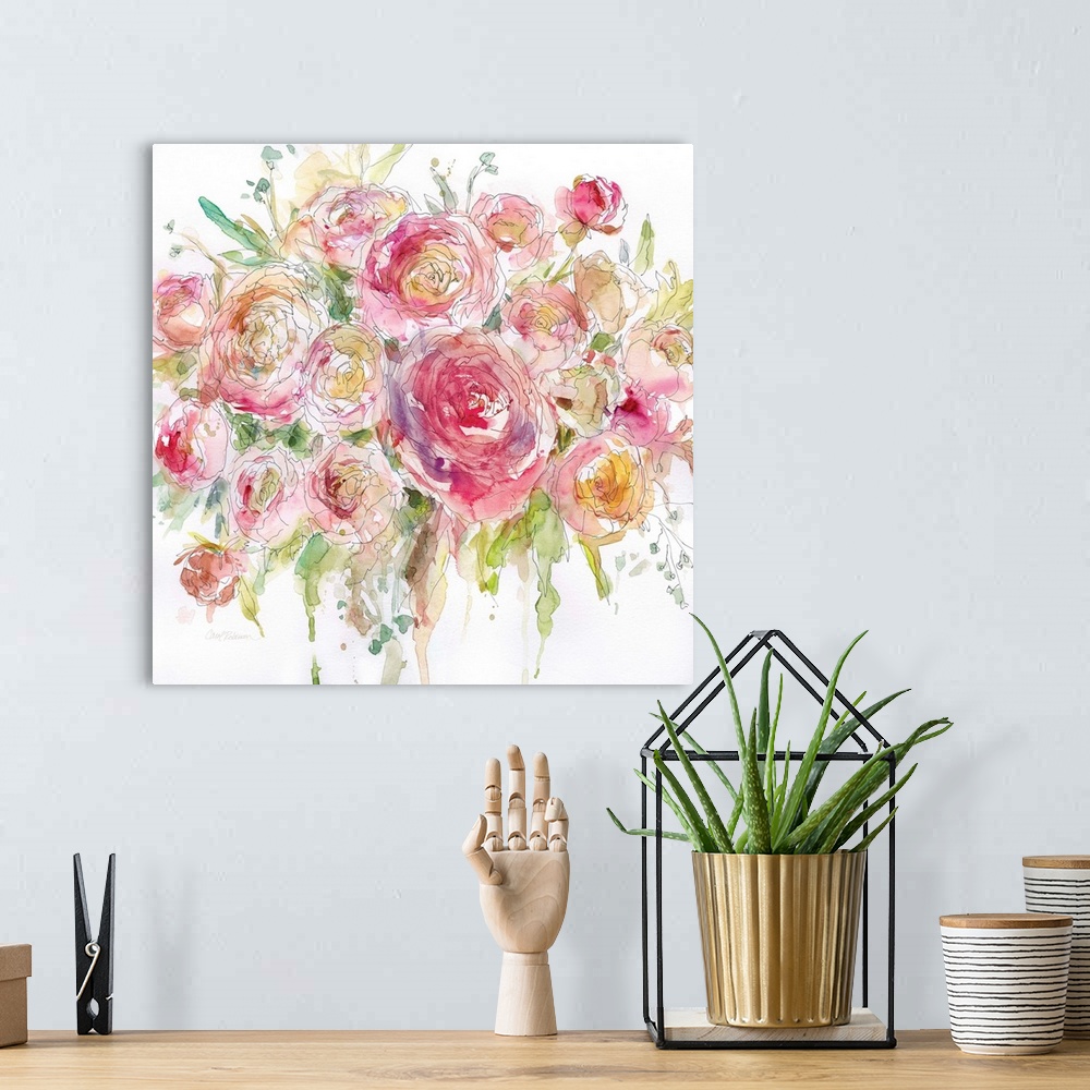 A bohemian room featuring Square watercolor painting of an arranged bouquet of roses.