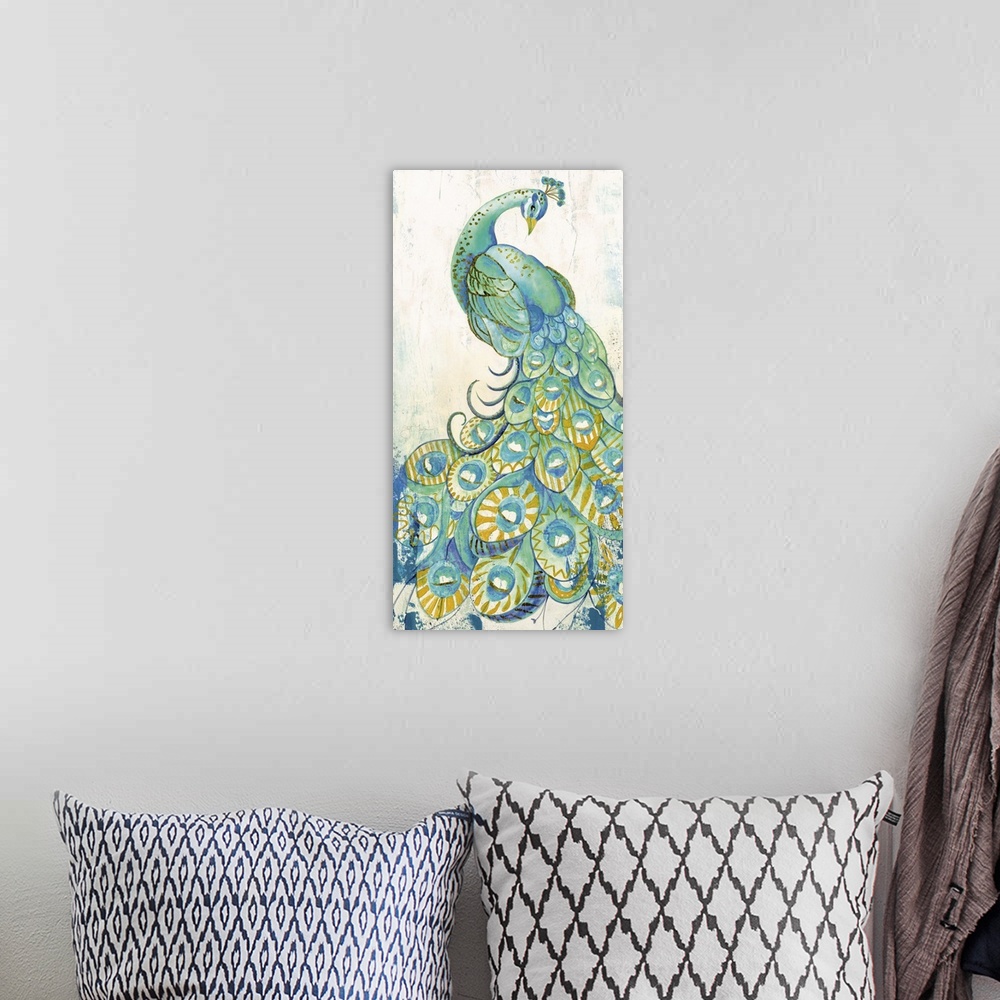 A bohemian room featuring A contemporary painting of a peacock with beautifully decorated tail feathers that spread to the ...