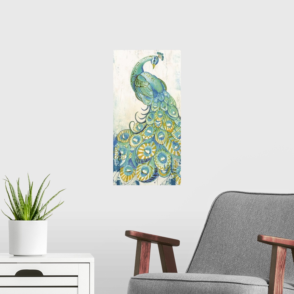 A modern room featuring A contemporary painting of a peacock with beautifully decorated tail feathers that spread to the ...