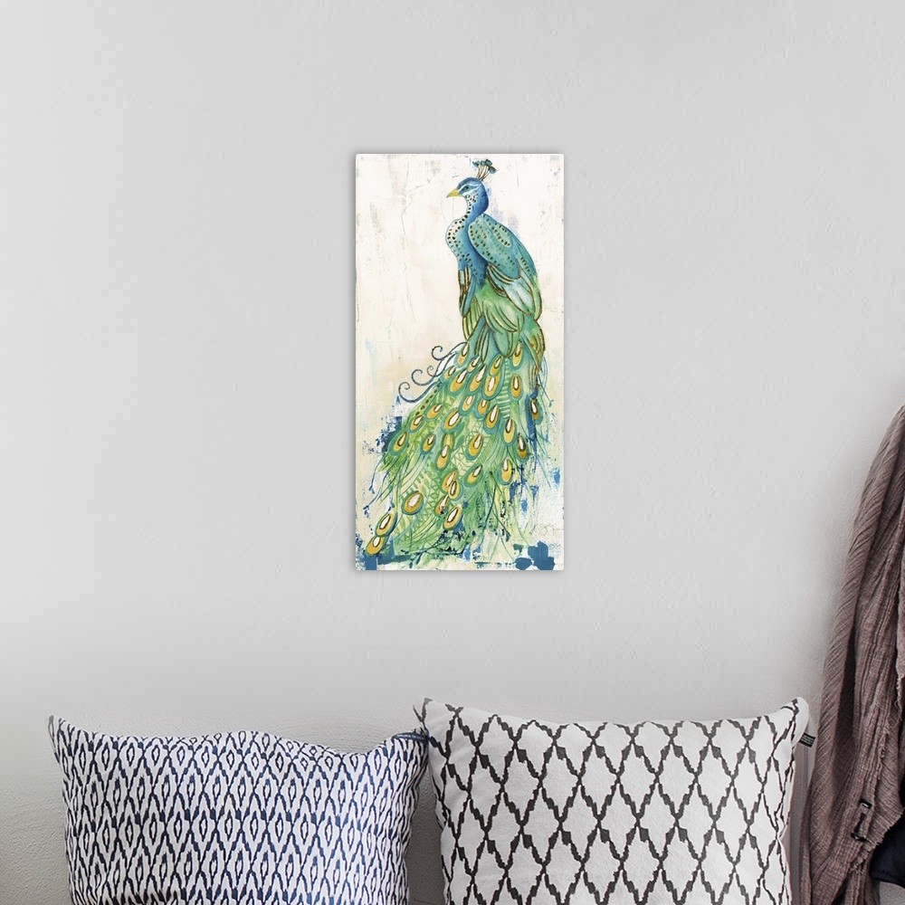 A bohemian room featuring A contemporary painting of a peacock with beautifully decorated tail feathers that spread to the ...