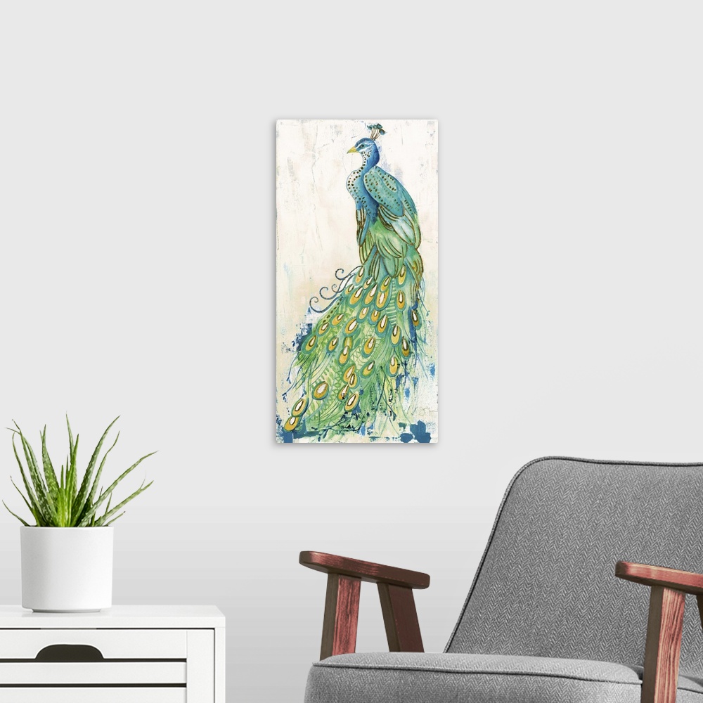 A modern room featuring A contemporary painting of a peacock with beautifully decorated tail feathers that spread to the ...