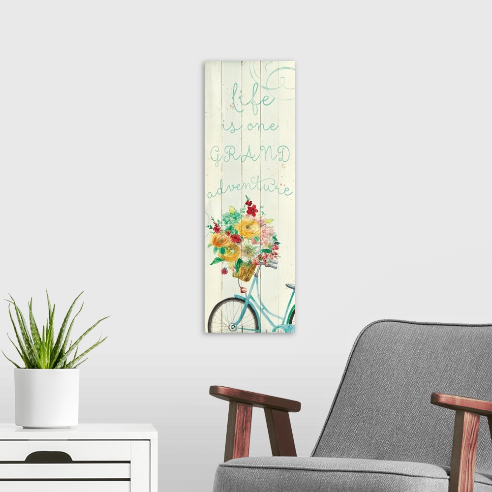 A modern room featuring "Life is a Grand Adventure" written in blue on a faux wood background with an illustration of a b...