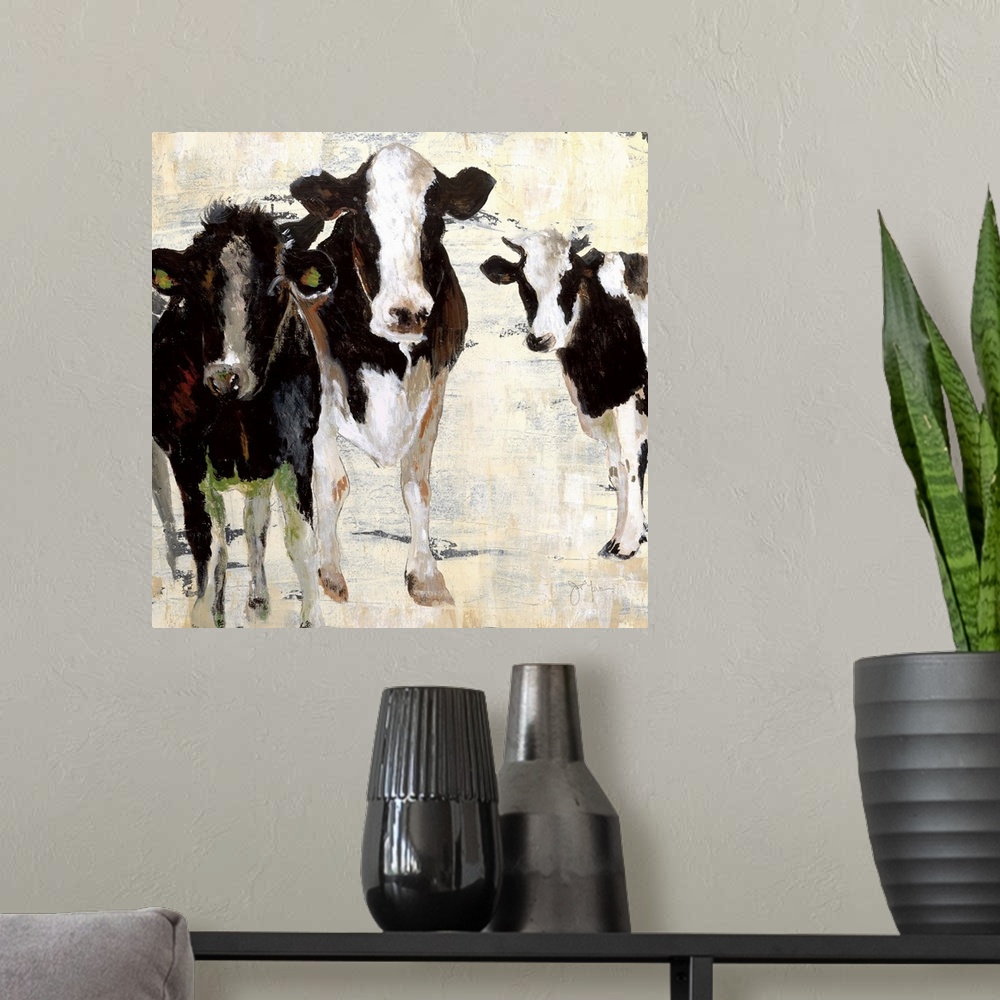 A modern room featuring A contemporary painting of three cows standing together using all natural colors with hints of gr...